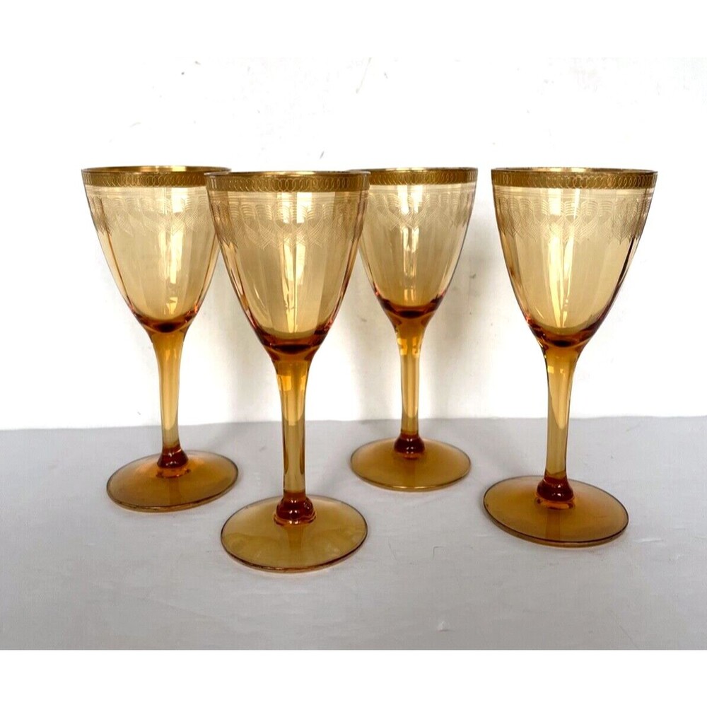 Set 4 Elegant Depression Amber 5" Stems 1920 40s Etched Ribbon Cordial Glasses